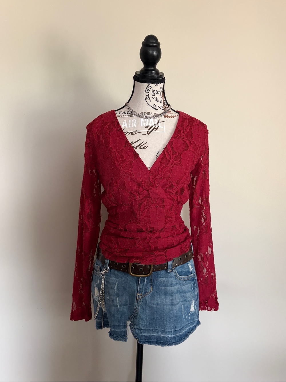 Vintage Red Lace Long Sleeve Blouse Deep V Neck Romantic Y2K Fairycore - Picture 2 of 11